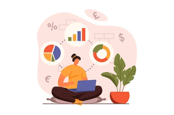 Webový Koncept Finanční Analýzy Plochém Designu Žena Provádějící Marketingový Výzkum — Stock fotografie