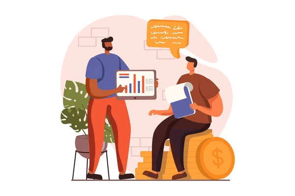 Financial analysis web concept in flat design. Men analyzing data and discussing marketing research, create invest strategy. Audit, investment and accounting. Illustration with people scene