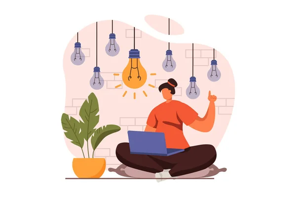 Finding ideas web concept in flat design. Businesswoman brainstorming, looking for new opportunities and launches startup. Inspiration, motivation and creativity. Illustration with people scene