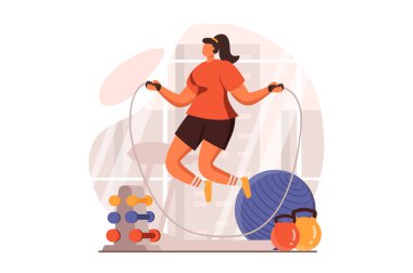 Düz tasarımda Fitness web konsepti. Üniformalı kadın antrenman yapıyor ve spor kulübünde ip atlıyor. Spor kadın antrenmanı ve spor salonunda egzersiz. İnsan sahnesiyle ilüzyon