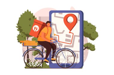 Gıda dağıtım web konsepti düz tasarım. Kurye bisiklete biner ve marketten ve yiyecek siparişlerinden bir torba erzak getirir. Uygulamada hızlı nakliye ve takip. İnsan sahnesiyle ilüzyon