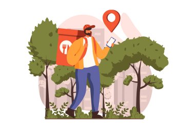 Gıda dağıtım web konsepti düz tasarım. Kurye marketten ve yiyecek siparişlerinden bir torba erzak getiriyor. Hızlı nakliye ve takip uygulaması. İnsan sahnesiyle ilüzyon