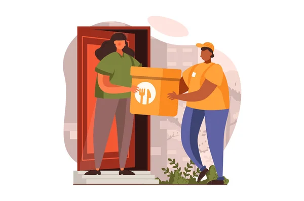 Food delivery web concept in flat design. Courier delivers bag of groceries from store and stands at customers door. Woman receives of order from restaurant. Illustration with people scene