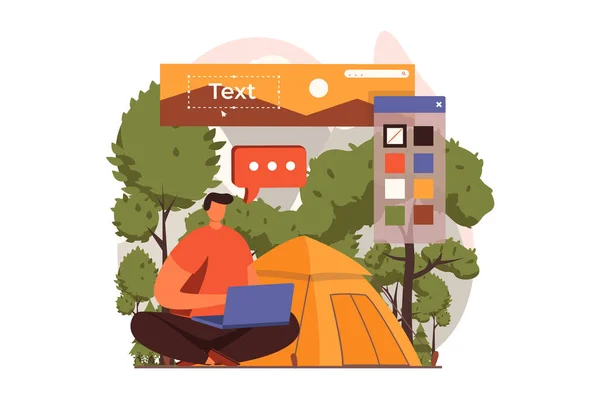 平面设计中的自由工作网概念 人工设计师在野餐时坐在帐篷里 绘制图形元素 创建内容 优化页面 向人们展示情景 — 图库照片
