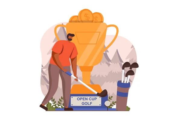 Happy competition champions web concept in flat design. Man professionally plays golf and takes part in competition and wins golden trophy. Victory celebration. Illustration with people scene