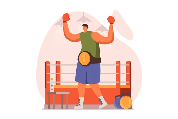 Happy competition champions web concept in flat design. Boxer wins title and champion belt in champioship at ring. Victory celebration and goals achivement. Illustration with people scene