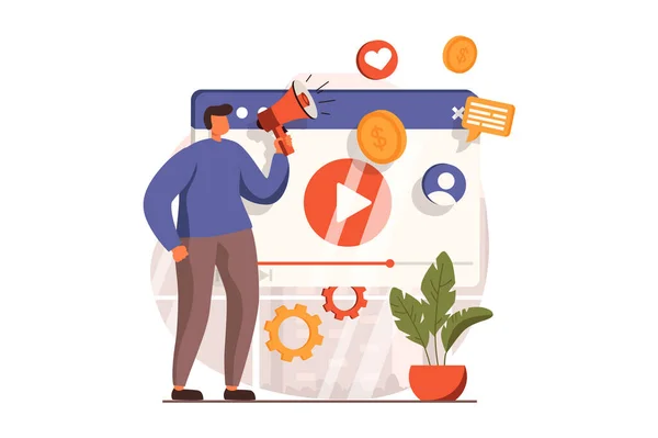 Marketing web concept in flat design. Man blogger with megaphone making advertising campaign using viral promo videos and attracting audience from social media. Illustration with people scene