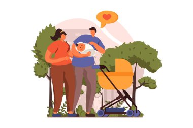Genç aile web sitesindeki yeni doğmuş çocuk düz tasarımda. Mutlu anne ve baba beşikte bebekle yürüyor. Anne ve baba şehir parkında küçük bir çocukla zaman geçiriyorlar. İnsan sahnesiyle ilüzyon