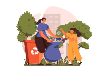 İnsanlar çöplük web sitesi konseptini düz tasarımla topluyorlar. Kadın ve kız çöp torbasında çöp topluyor, çöpleri geri dönüşüm kutularına ayırıyor. Aile temizliği. İnsan sahnesiyle ilüzyon