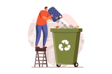 İnsanlar çöplük web sitesi konseptini düz tasarımla topluyorlar. Adam çöp toplayıp çöpü geri dönüşüm konteynerine atıyor. Çevre aktivizmi ve çevresel koruma. İnsan sahnesiyle ilüzyon