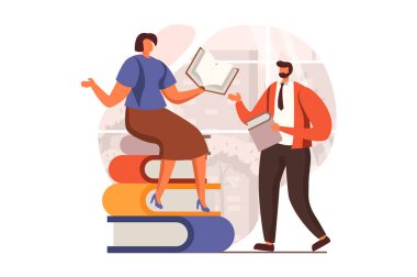 İnsanlar düz tasarımla web sitesi kavramını okuyor. Erkek ve kadın kitap okuyor. Öğrenciler ders kitapları okurlar ve sınavlara hazırlanırlar. Edebiyat, kütüphane, eğitim. İnsan sahnesiyle ilüzyon