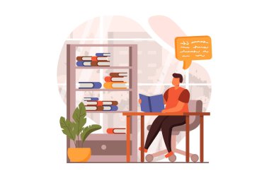 İnsanlar düz tasarımla web sitesi kavramını okuyor. Öğrenci ders kitaplarından ders çalışır ve kütüphanede masada otururken sınava hazırlanır. Okul eğitimi. İnsan sahnesiyle ilüzyon