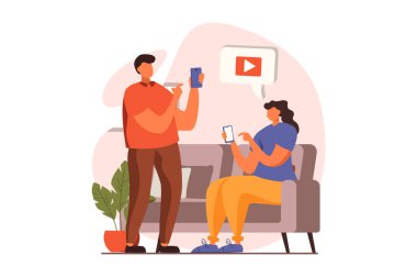 İnsanlar düz tasarımla cihazların web konseptine otururlar. Erkek ve kadın internet sitelerinde geziniyor, video içeriği izliyor ve birbirlerini paylaşıyorlar, akıllı telefon kullanarak sohbet ediyorlar. İnsan sahnesiyle ilüzyon