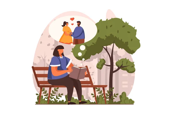 People reading book web concept in flat design. Woman reads romantic story while sitting on park bench. Literature lover spends time with book outdoors. Illustration with people scene