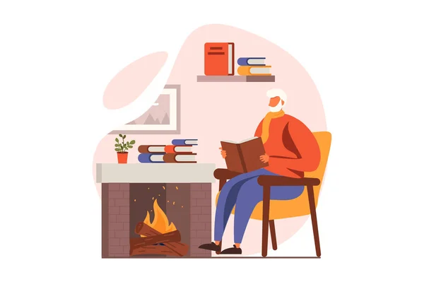 People reading book web concept in flat design. Elderly man enjoys novel while sitting in armchair by fireplace. Literature lover spends time with book. Illustration with people scene