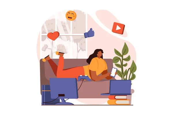 People sit in gadgets web concept in flat design. Happy woman browsing, chatting and scrolling feed in apps using smartphone, spending lot of time online. Illustration with people scene