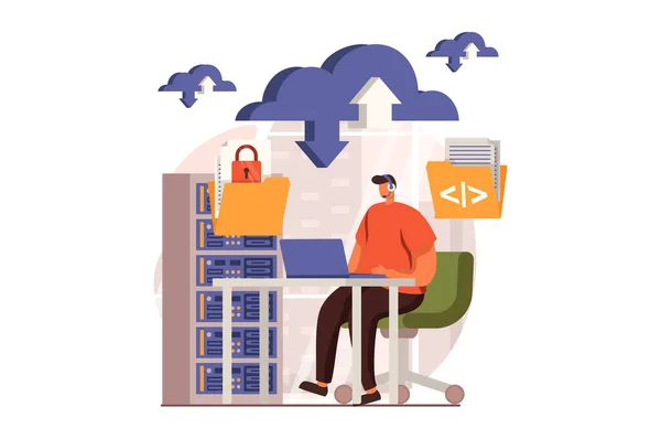 SaaS web concept in flat design. Man uses cloud computing and storage, upload and download files, working with datacenter. Client buys software as a service. Illustration with people scene