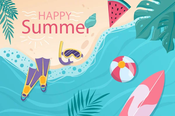 Happy Summer Background Flat Cartoon Design Wallpaper Sandy Summer Beach — Stock Vector