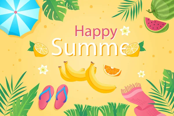 Šťastné Letní Pozadí Plochém Kresleném Designu Tapety Písečnou Letní Pláží — Stockový vektor
