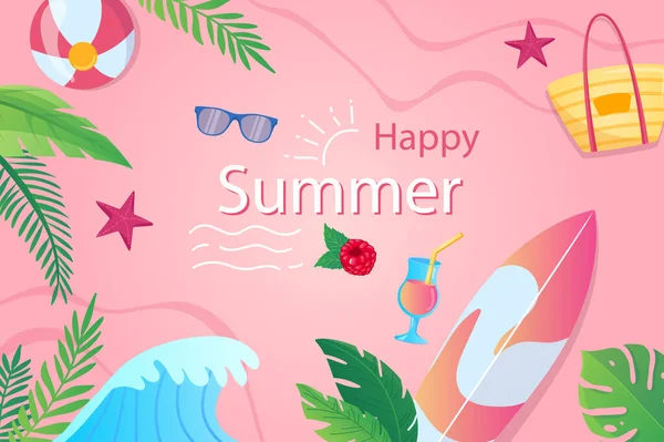 Fondo Verano Feliz Diseño Plano Dibujos Animados Fondos Pantalla Con — Vector de stock