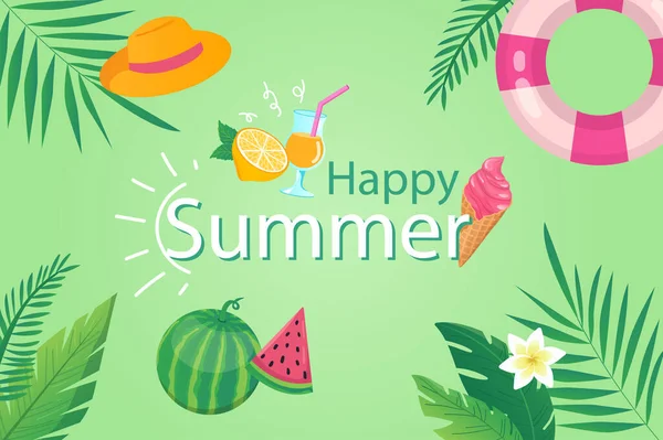 Šťastné Letní Pozadí Plochém Kresleném Designu Tapety Letním Složením Palmové — Stockový vektor