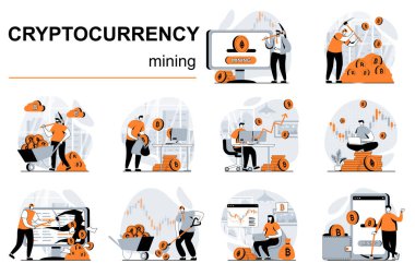 Kripto para madenciliği konsepti. Düz dizaynlı insan sahneleri. Kadınlar ve erkekler çiftliklerde dijital para madenciliği yapıyor, bitcoin operasyonları yapıyorlar. Web için vektör illüstrasyon görsel hikayeler koleksiyonu