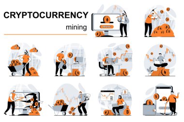 Cryptocurrency mining concept with people scenes set in flat design. Women and men mining digital money at farms, make bitcoins operations. Vector illustration visual stories collection for web clipart