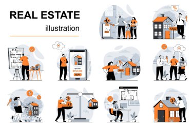 Real estate concept with people scenes set in flat design. Women and men receives mortgage loan, buys new house, receiving keys to home property. Vector illustration visual stories collection for web clipart