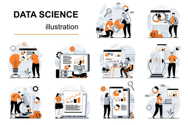 Data Science Concept People Scenes Set Flat Design Women Men — Stock Vector