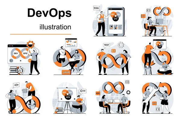 Devops Έννοια Τους Ανθρώπους Σκηνές Που Επίπεδη Σχεδίαση Γυναίκες Και — Διανυσματικό Αρχείο