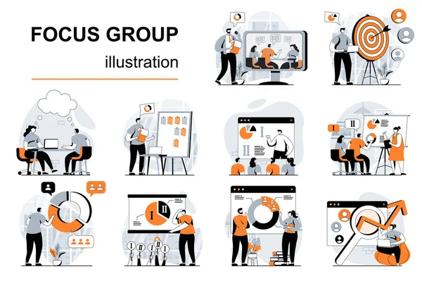 Focus Group Koncept Lidskými Scénami Plochém Designu Ženy Muži Dělají — Stockový vektor