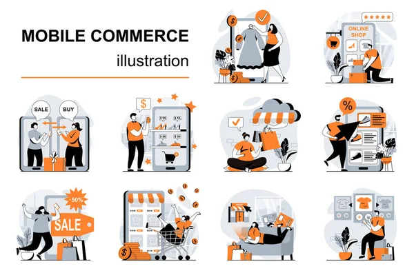 Concept Commerce Mobile Avec Des Scènes Personnes Dans Design Plat — Image vectorielle