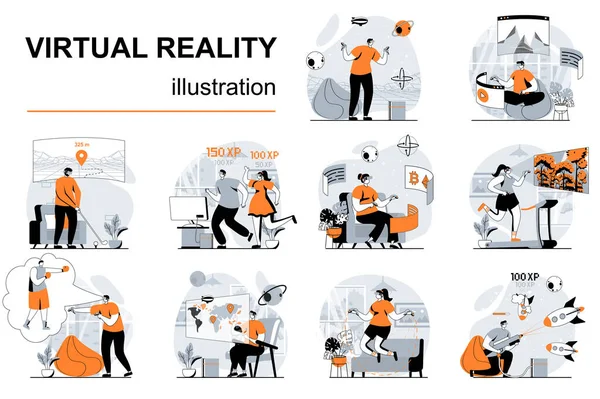 Концепция Виртуальной Реальности Человеческими Сценами Плоском Дизайне Женщины Мужчины Очках — стоковый вектор