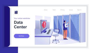 Veri merkezi konsepti 3d izometrik web pankartı ve insan sahnesi. Mühendis sunucu odasındaki donanımı ayarlar ve bağlantıyı sağlar. İniş sayfası ve şablon tasarımı için vektör illüstrasyonu