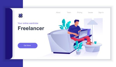 Freelancer konsepti 3D izometrik web afişi ve insan sahnesi. Uzaktan kumandalı işçi evde dizüstü bilgisayarda çalışıyor, serbest çalışıyor ve online iş yapıyor. İniş sayfası ve şablon tasarımı için vektör illüstrasyonu