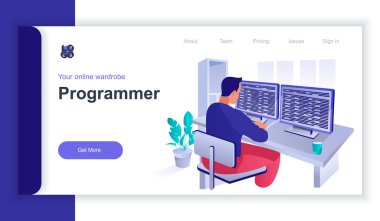 Program konsepti 3d izometrik web afişi ve insan sahnesi. İnsan kodları ve programları bilgisayarda çalışır, programlar ve yazılımlar yaratır. İniş sayfası ve şablon tasarımı için vektör illüstrasyonu