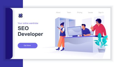 Seo geliştirici konsept 3d izometrik web pankartı ve insan sahnesi. Takım çalışmaları trendleri araştırır, optimize eder ve başarılı bir strateji oluşturur. İniş sayfası ve şablon tasarımı için vektör illüstrasyonu
