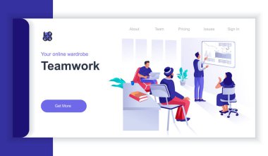 Takım çalışması konsepti: 3 boyutlu izometrik web pankartı. Meslektaşlar ofiste sunum izler, konferansta iş görevlerini tartışırlar. İniş sayfası ve şablon tasarımı için vektör illüstrasyonu