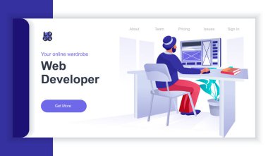 Web geliştiricisi konsepti 3d izometrik web afişi ve insan sahnesi. Adam bilgisayarda çalışır ve web sitesi düzenini geliştirir ve sayfayı optimize eder. İniş sayfası ve şablon tasarımı için vektör illüstrasyonu
