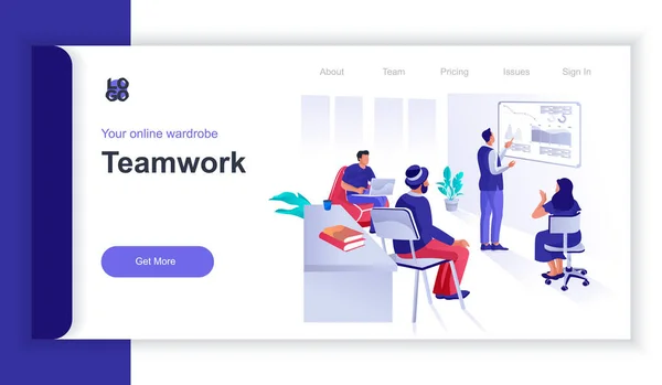 Teamwork Conceito Isométrico Web Banner Com Pessoas Cena Colegas Assistir — Vetor de Stock