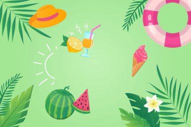 Çizgi film dizaynında mutlu yaz arkaplanları. Yaz kompozisyonu olan duvar kağıdı, palmiye yaprakları, şapka, kokteyl, meyve, lastik halka, dondurma. Poster ya da afiş şablonu