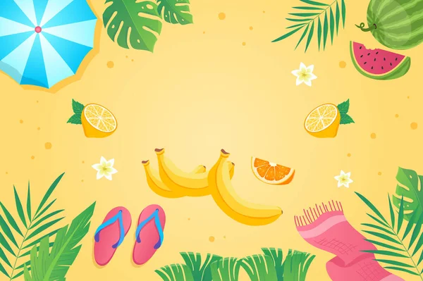 フラット漫画のデザインで幸せな夏の背景 ヤシの葉 ジューシーな果物 タオル スリッパ付きの壁紙 ポスターやバナーテンプレートのイラスト — ストック写真