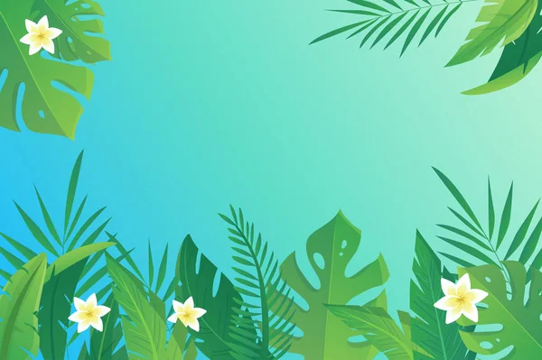 Hello summer background in flat cartoon design. Wallpaper with summertime border of flowers, green palm leaves, jungle foliage, sunglasses and panama. Illustration for poster or banner template