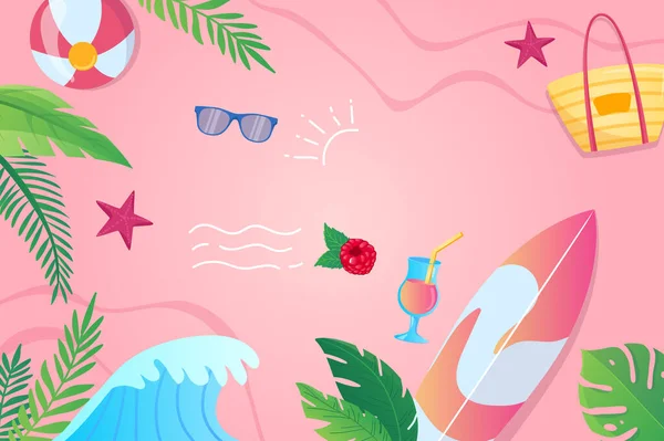 Happy Summer Background Flat Cartoon Design Wallpaper Summertime Composition Sea — Stock Photo, Image