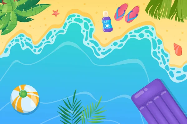 Hello Summer Background Flat Cartoon Design Wallpaper Sandy Summertime Beach — Stock Photo, Image