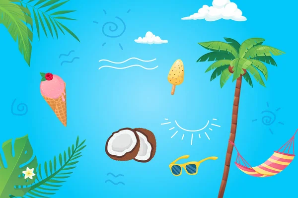 Happy summer background in flat cartoon design. Wallpaper with summertime composition, palm leaves, sunglasses, ice creams, coconut, hammock at tree. Illustration for poster or banner template