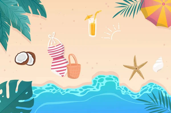 Happy summer background in flat cartoon design. Wallpaper with sandy summertime beach with sea, palm leaves, coconut, cocktail, umbrella, swimsuit. Illustration for poster or banner template