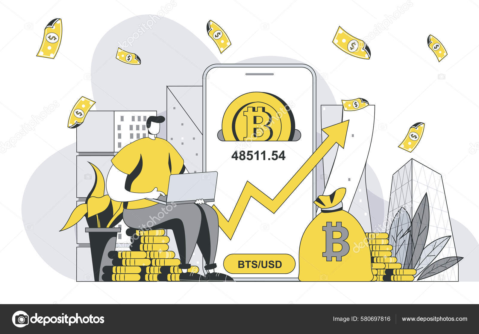 Concepto Inversión Criptomoneda Con Escena Delinear Personas Hombre Compra  Bitcoins Ilustración de stock #580697816 de ©alexdndz