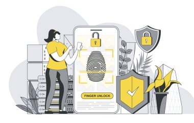 Ana hatları insan sahnesi olan biyometrik erişim konsepti. Cep telefonunu açan kadın parmak izi tarayıcısı kullanıyor. Kişisel veri koruması. Web şablonu için düz çizgi tasarımı illüstrasyonu