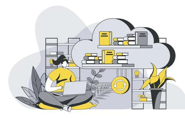 Cloud library concept with outline people scene. Woman reads e-books on laptop using cloud technologies. Online education and e-learning. Illustration in flat line design for web template